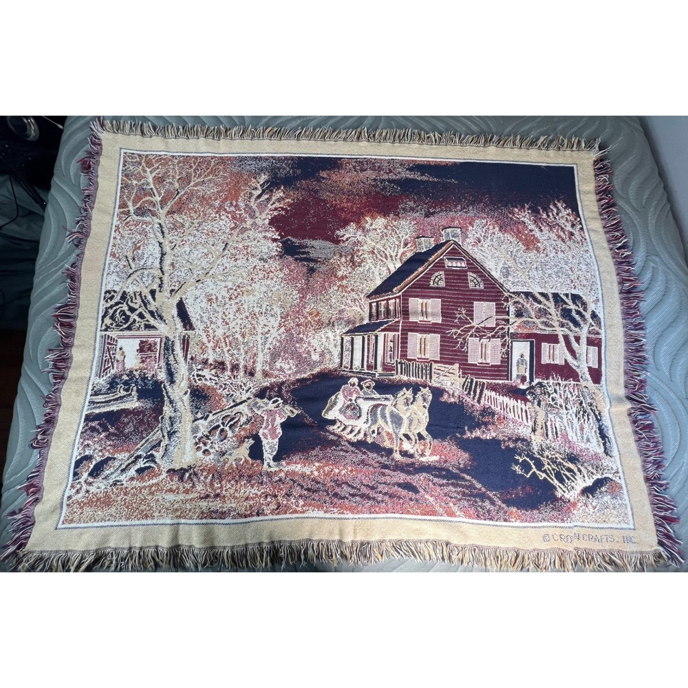 Vintage Winter Sleigh Scene Woven Tapestry Throw Blanket USA 48x60 Countryside - Picture 5 of 8